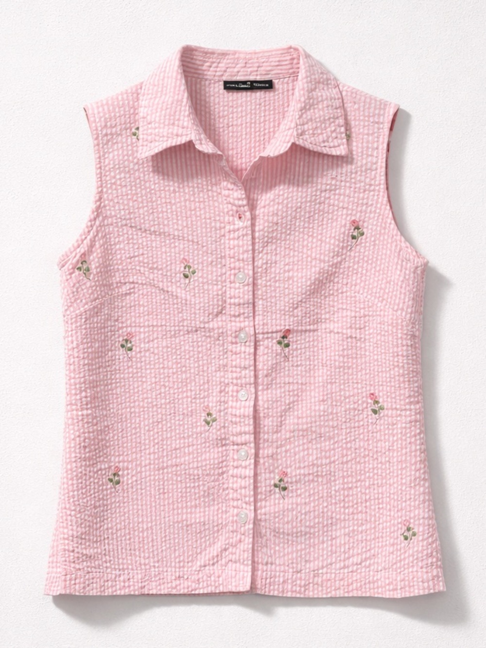 North Crest Sleeveless Embroidered Floral Seersucker Collared Button Up Top - Picture 1 of 7